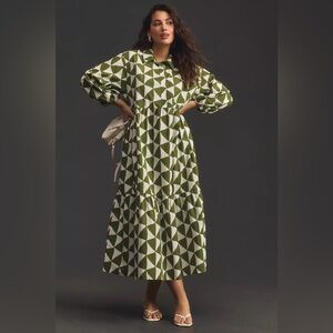 Anthropologie The Bettina Tiered Shirt Dress by Maeve (Green/White Triangles)